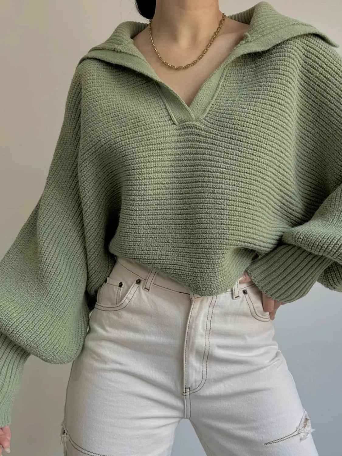 Johnny Collar Long Sleeve Sweater - Wellen Fashion