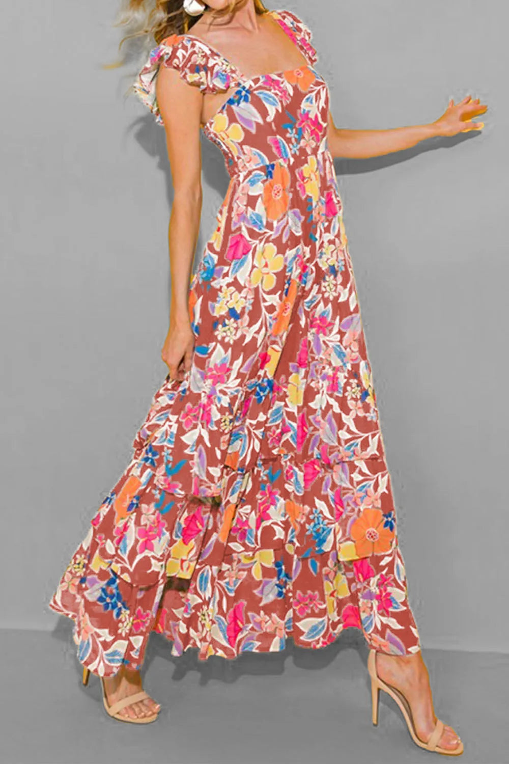 Tiered Ruffled Printed Sleeveless Dress - Wellen Fashion