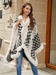 Checkered Faux Fur Trim Poncho - Wellen Fashion