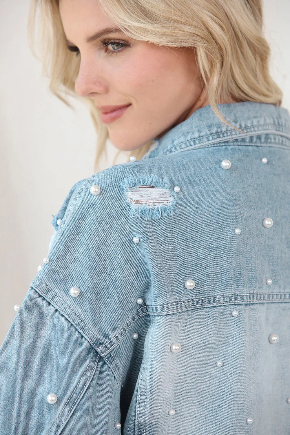 Distressed Pearl Trim Button Up Denim Jacket - Wellen Fashion