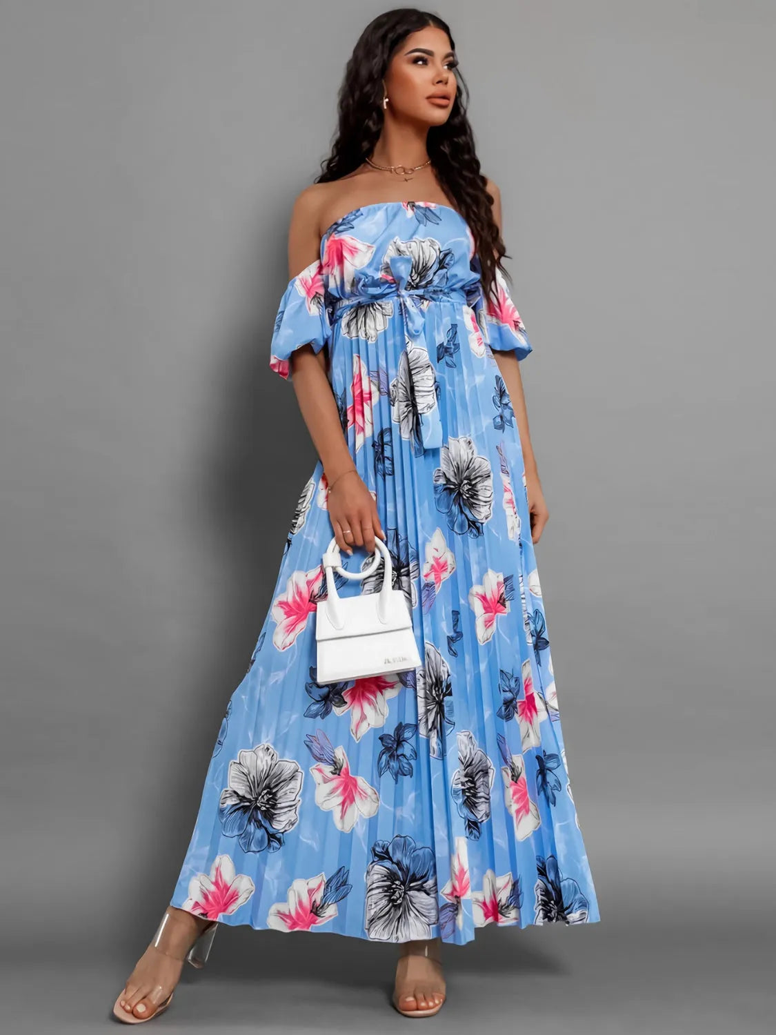 Pleated Floral Off-Shoulder Short Sleeve Midi Dress - Wellen Fashion