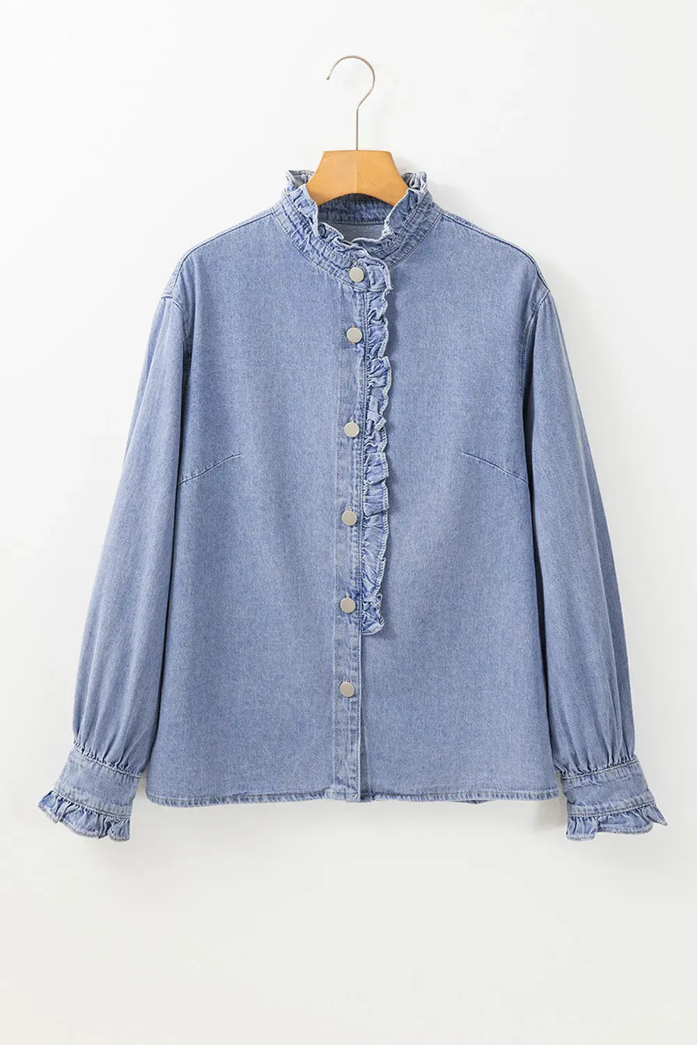 Frill Button Up Long Sleeve Denim Top - Wellen Fashion