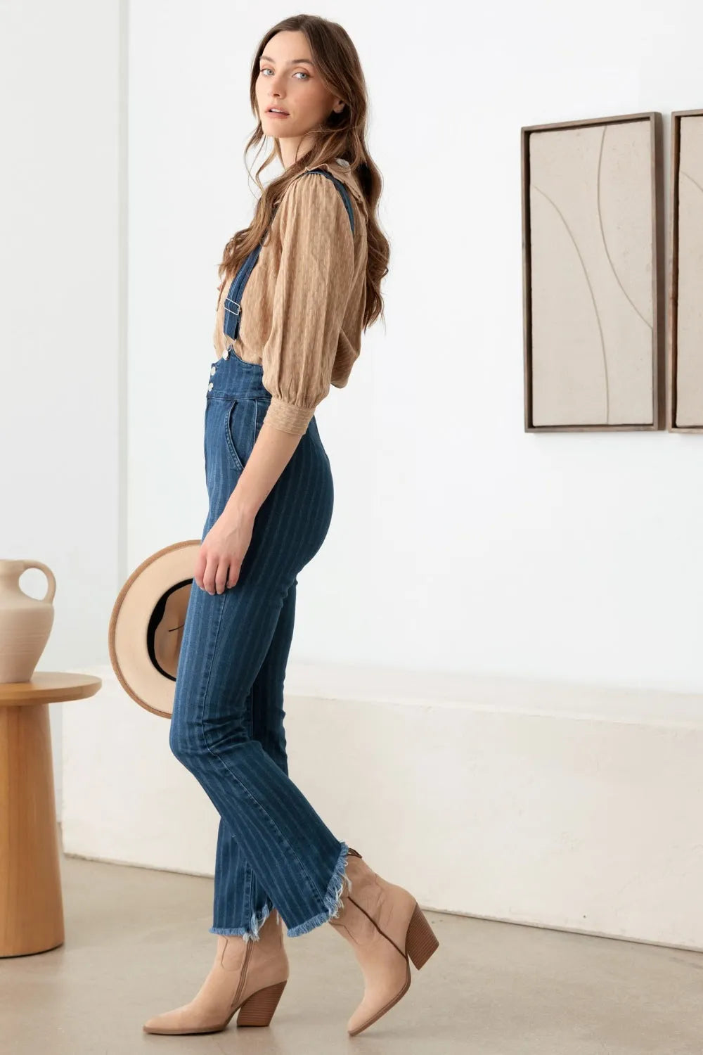 Litz La Striped Stretched Suspender Denim Overalls - Wellen Fashion