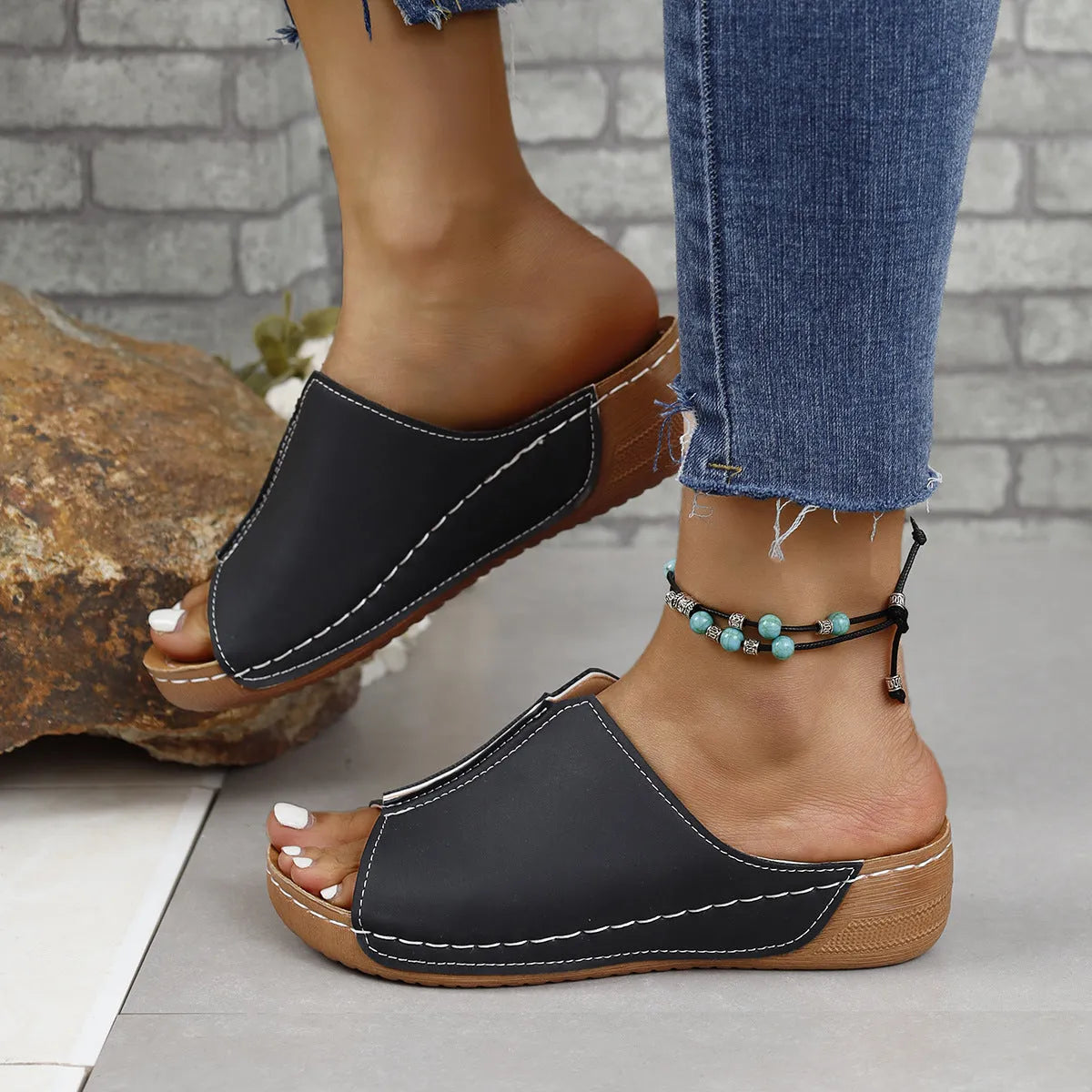 PU Leather Open Toe Sandals - Wellen Fashion