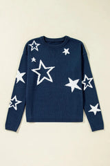 Star Round Neck Long Sleeve Sweater - Wellen Fashion