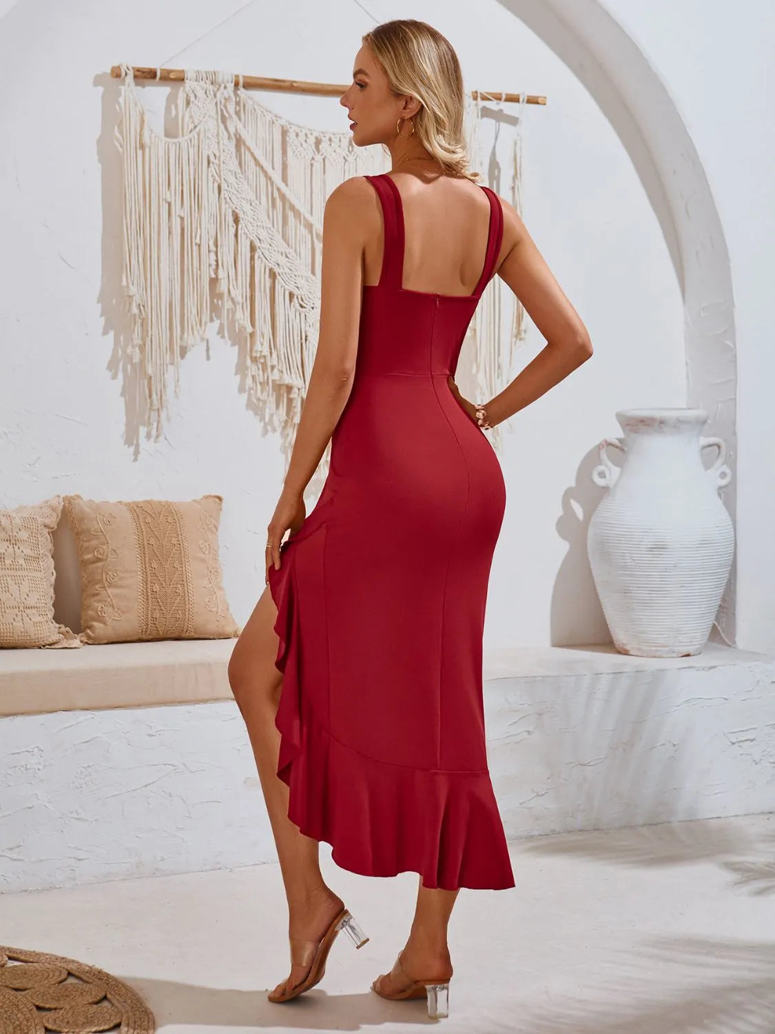 Ruffled V-Neck Wide Strap Midi Dress - Wellen Fashion