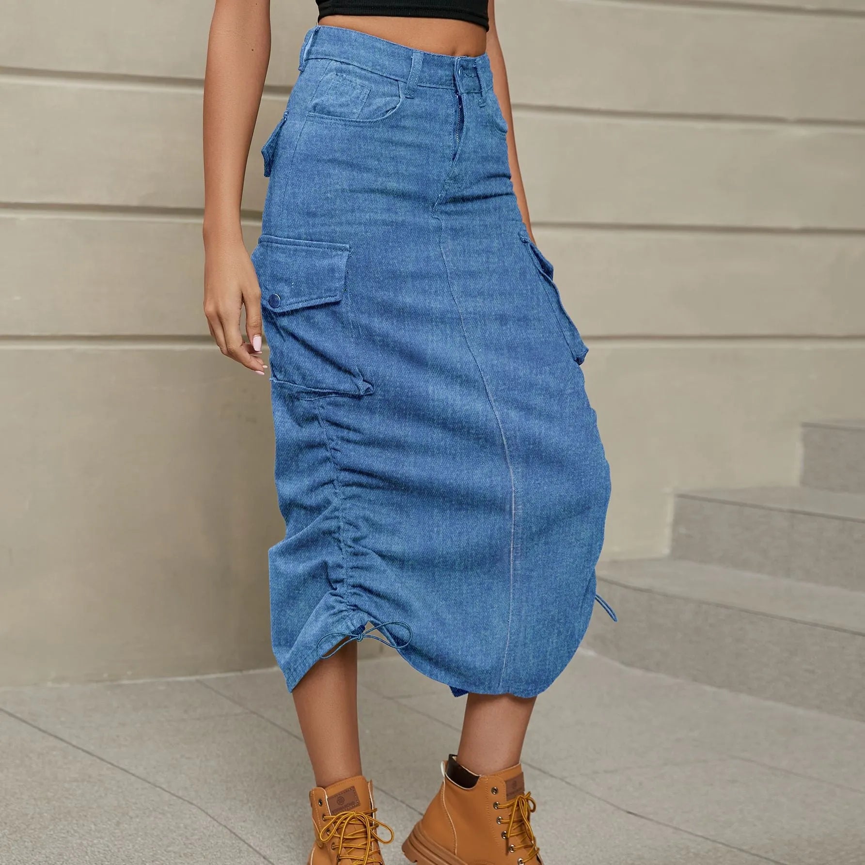 Drawstring Ruched Slit Denim Midi Skirt - Wellen Fashion