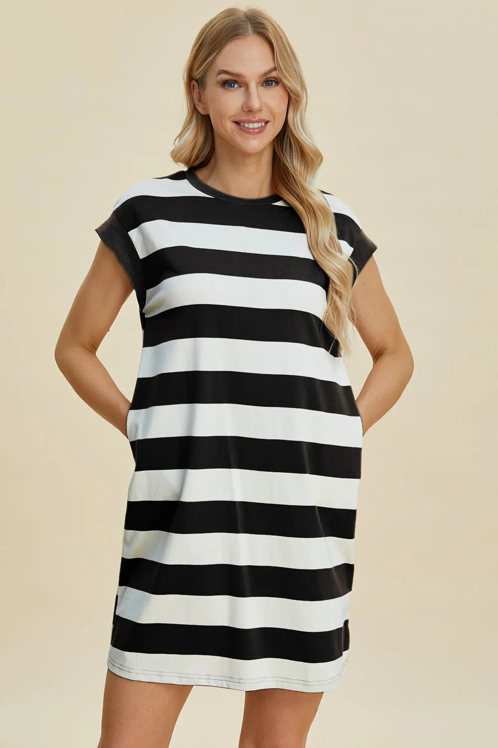 Basic Bae Full Size Striped Round Neck Cap Sleeve Mini Dress - Wellen Fashion