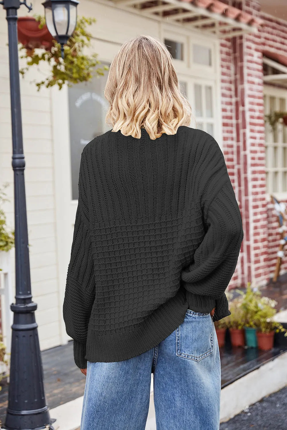 Ribbed Drop Shoulder Lantern Sleeve Sweater - Wellen Fashion