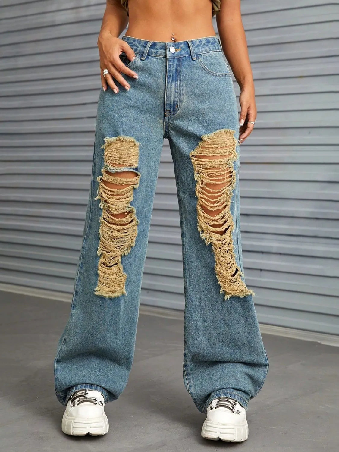 Distressed Wide Leg Jeans with Pockets - Wellen Fashion