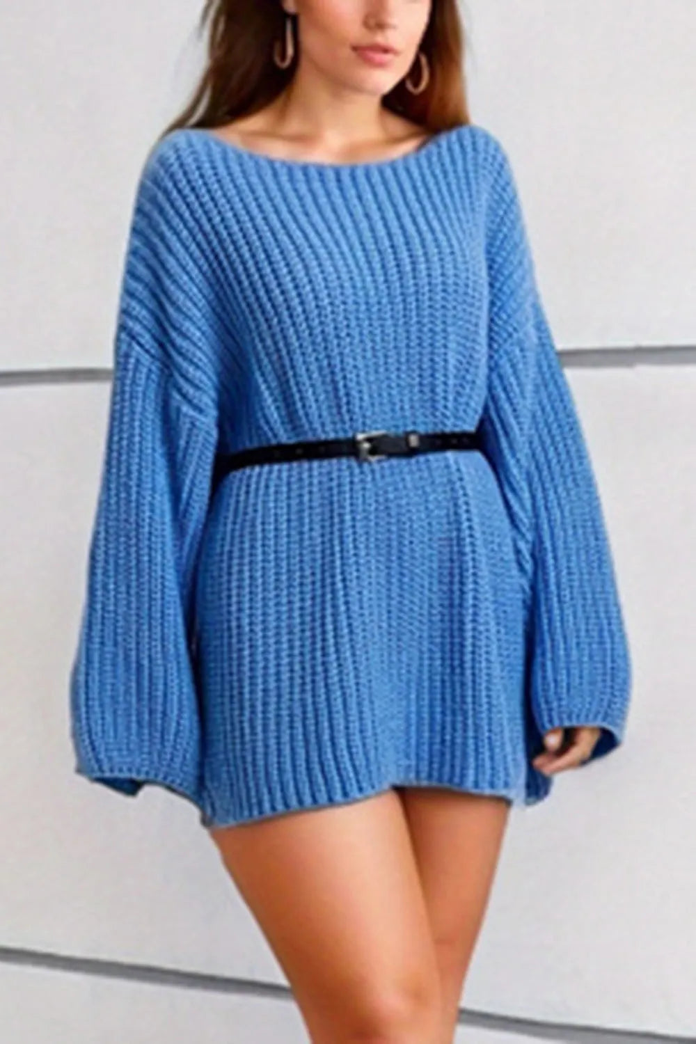 Boat Neck Dropped Shoulder Mini Sweater Dress - Wellen Fashion