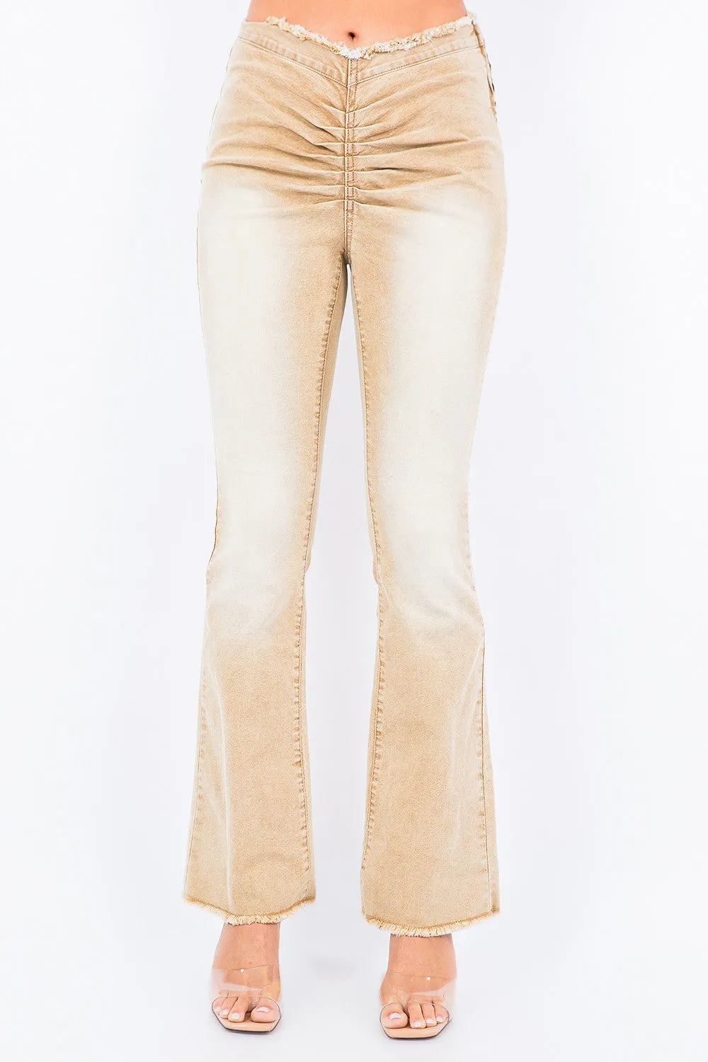 American Bazi V-Cut Ruched Flare Pants - Wellen Fashion