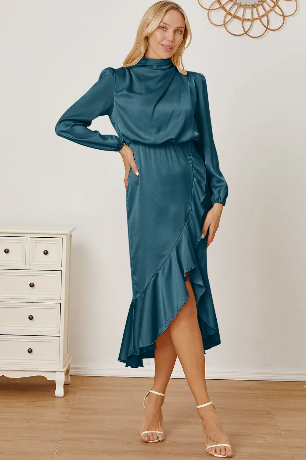 Mock Neck Ruffled Asymmetrical Dress - Wellen Fashion