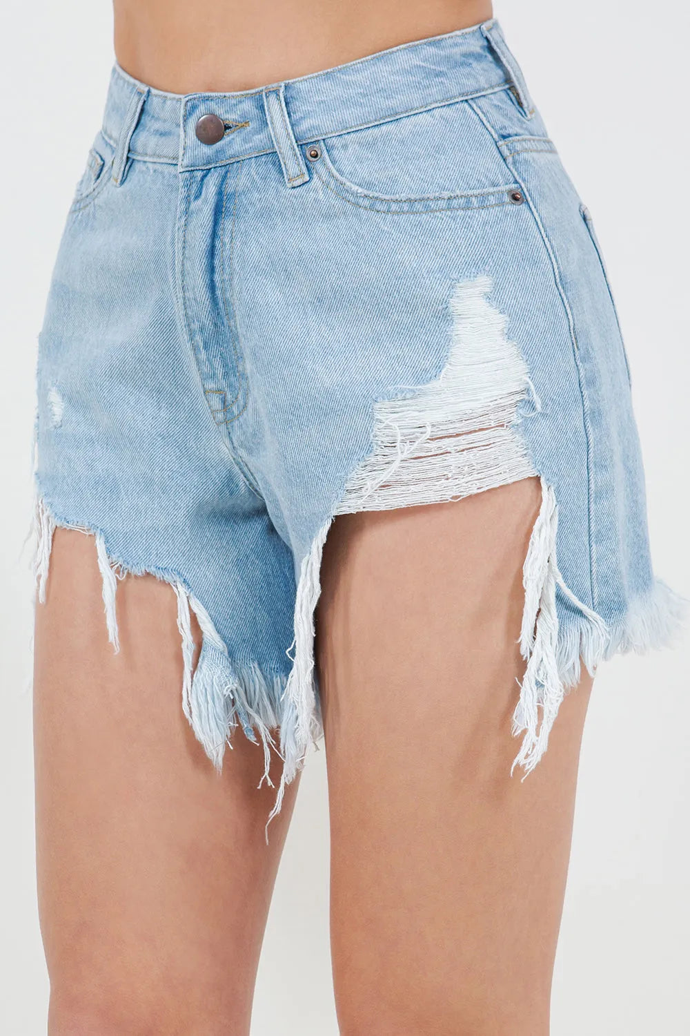 American Bazi High Waist Fringed Hem Denim Shorts - Wellen Fashion