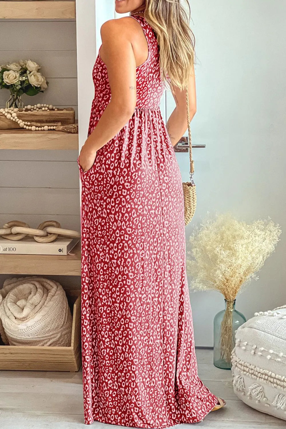 Leopard Round Neck Sleeveless Maxi Dress - Wellen Fashion