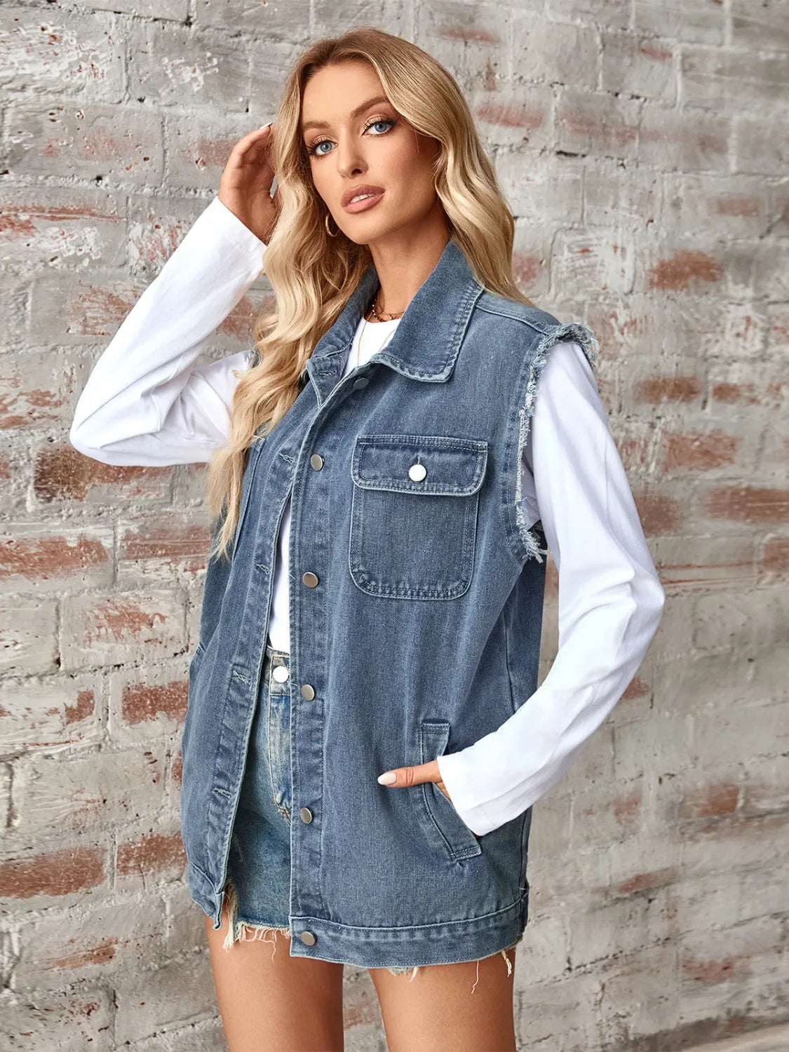 Raw Hem Sleeveless Button Up Denim Jacket - Wellen Fashion