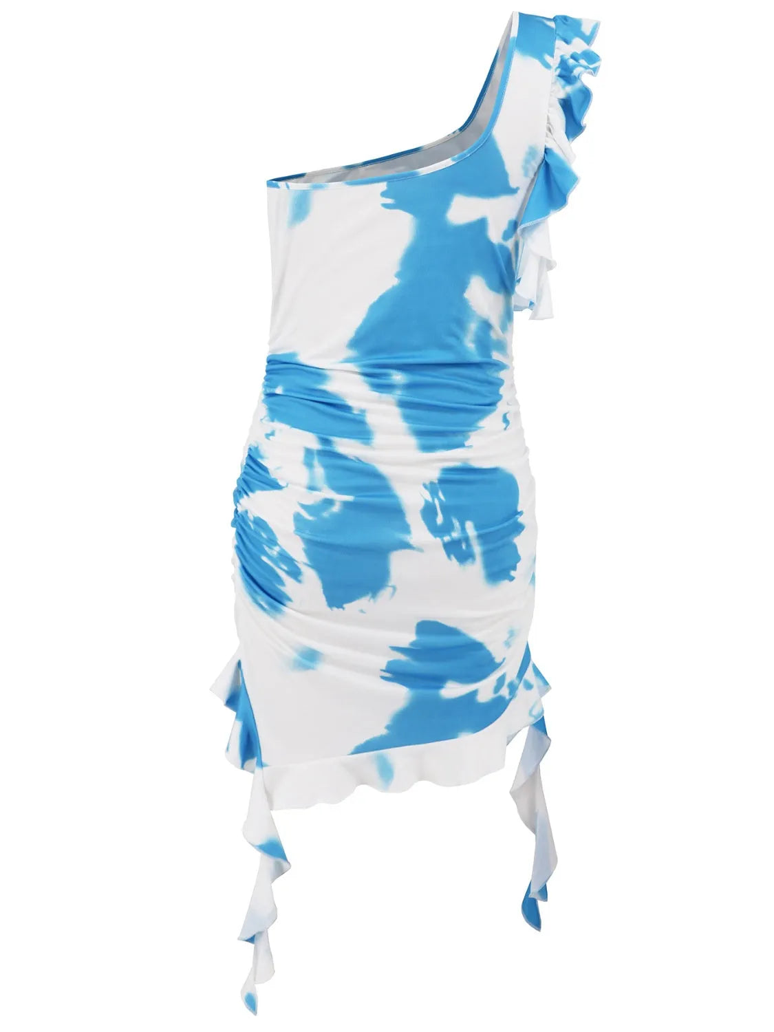 Ruffled Tie-Dye Single Shoulder Mini Dress - Wellen Fashion