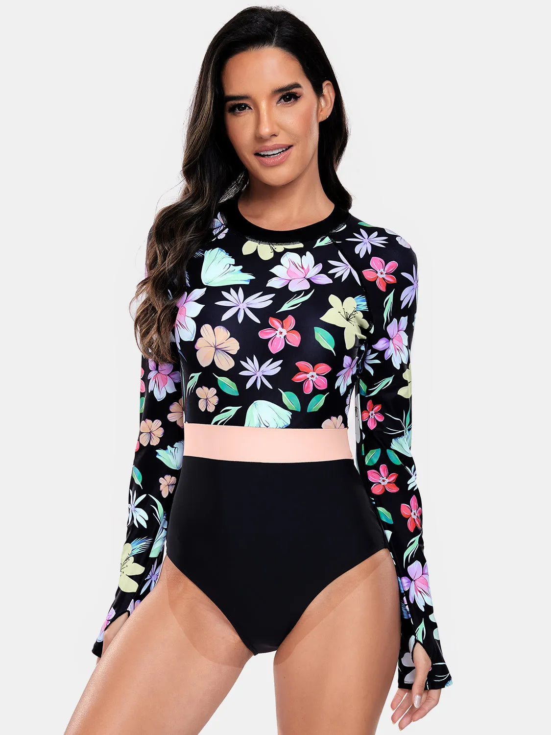 Flower Round Neck Long Sleeve One-Piece Swimwear - Wellen Fashion