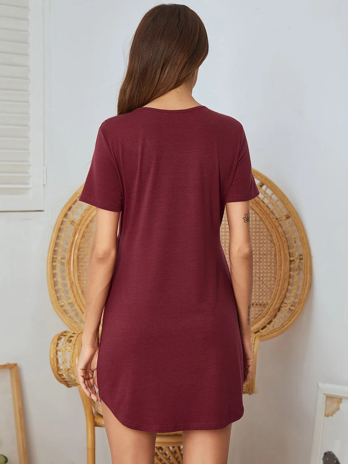 V-Neck Short Sleeve Lounge Dress - Wellen Fashion