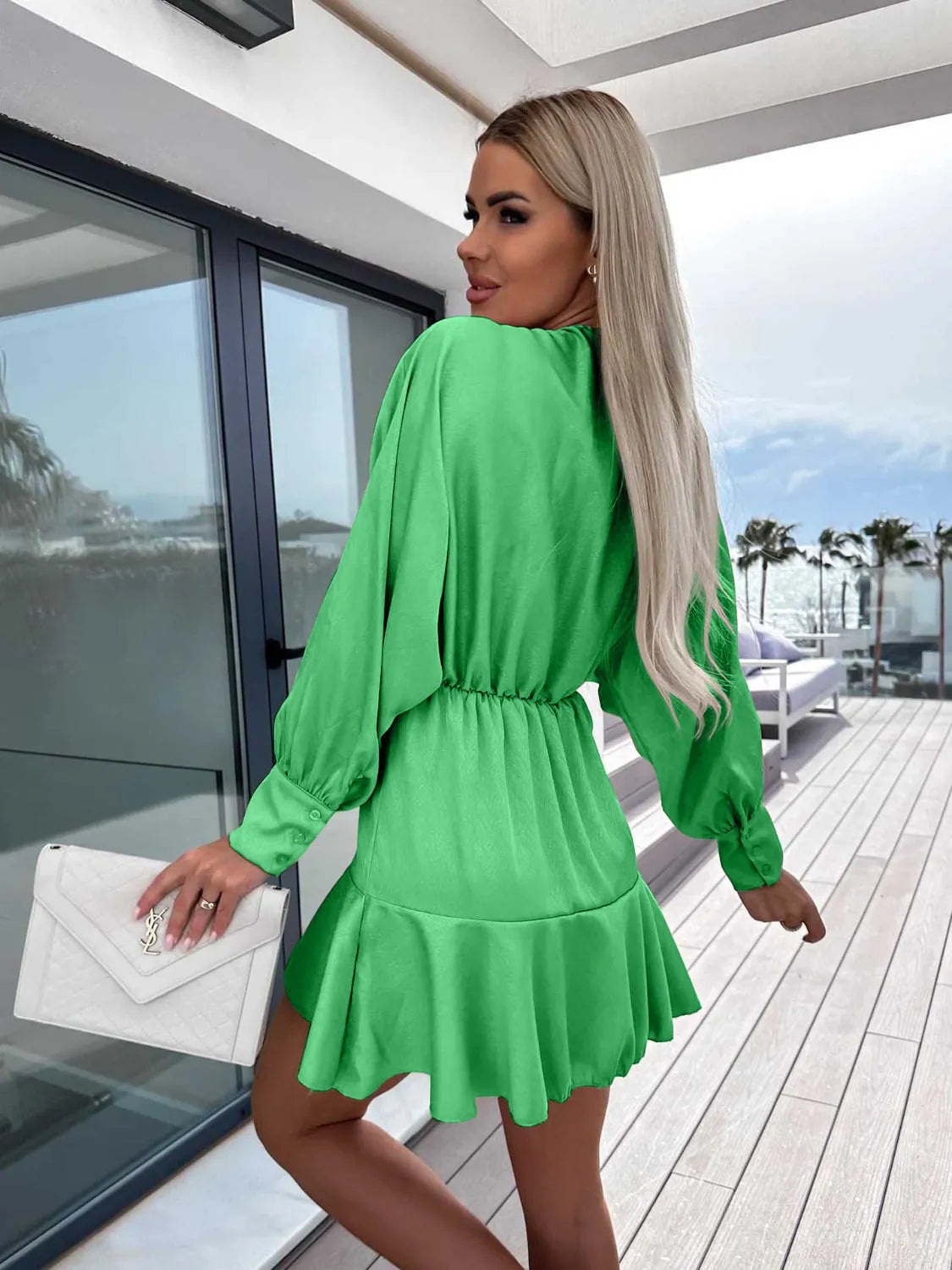 Surplice Ruffle Hem Lantern Sleeve Mini Dress - Wellen Fashion