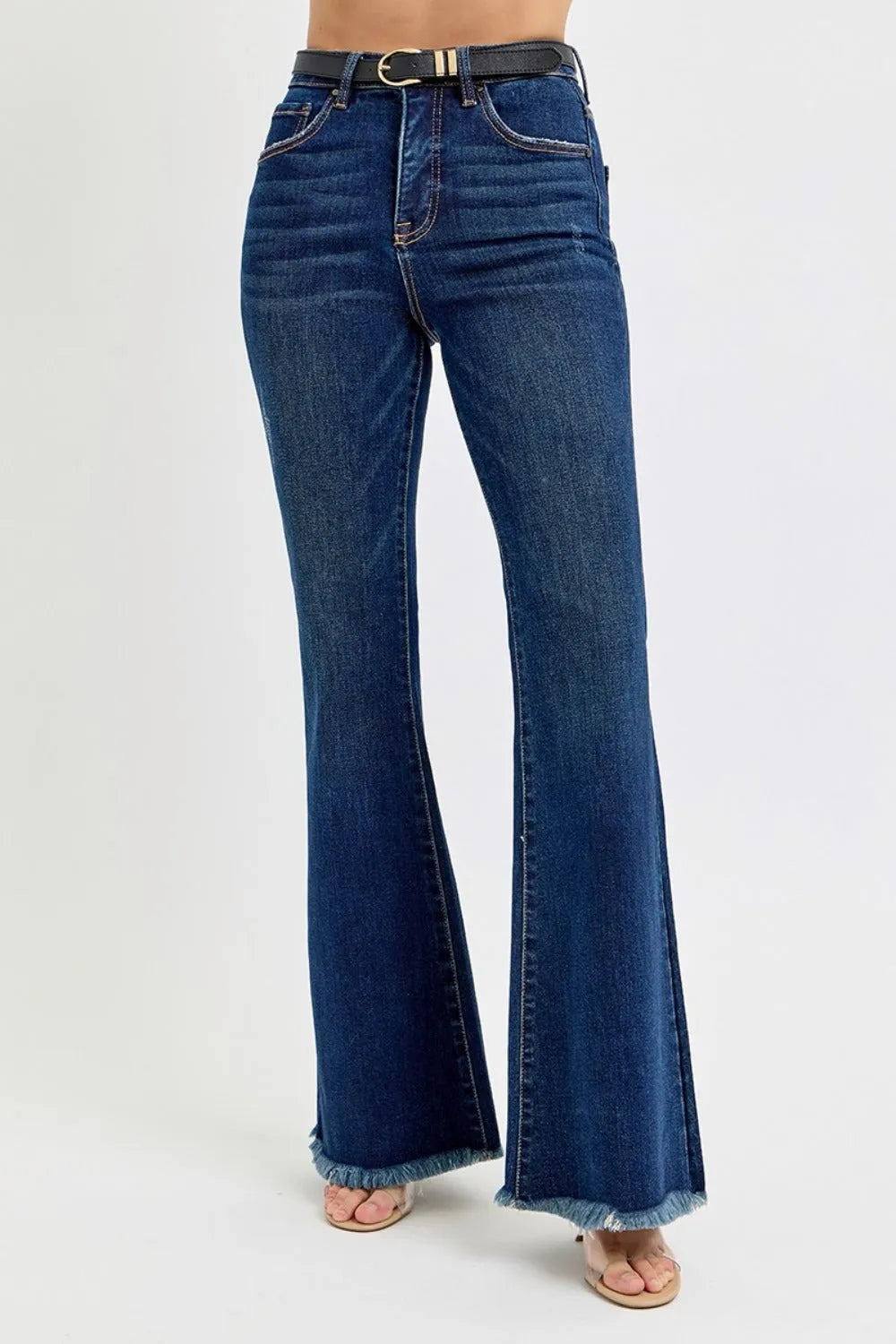 RISEN Tummy Control Frayed Hem Flare Jeans - Wellen Fashion