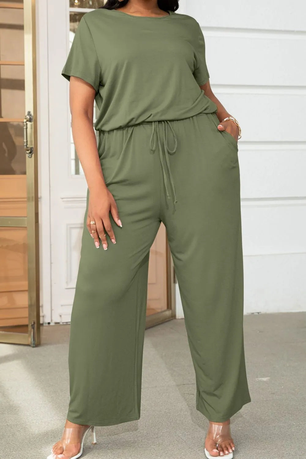 Plus Size Drawstring Waist Short Sleeve Jumpsuit - Wellen Fashion