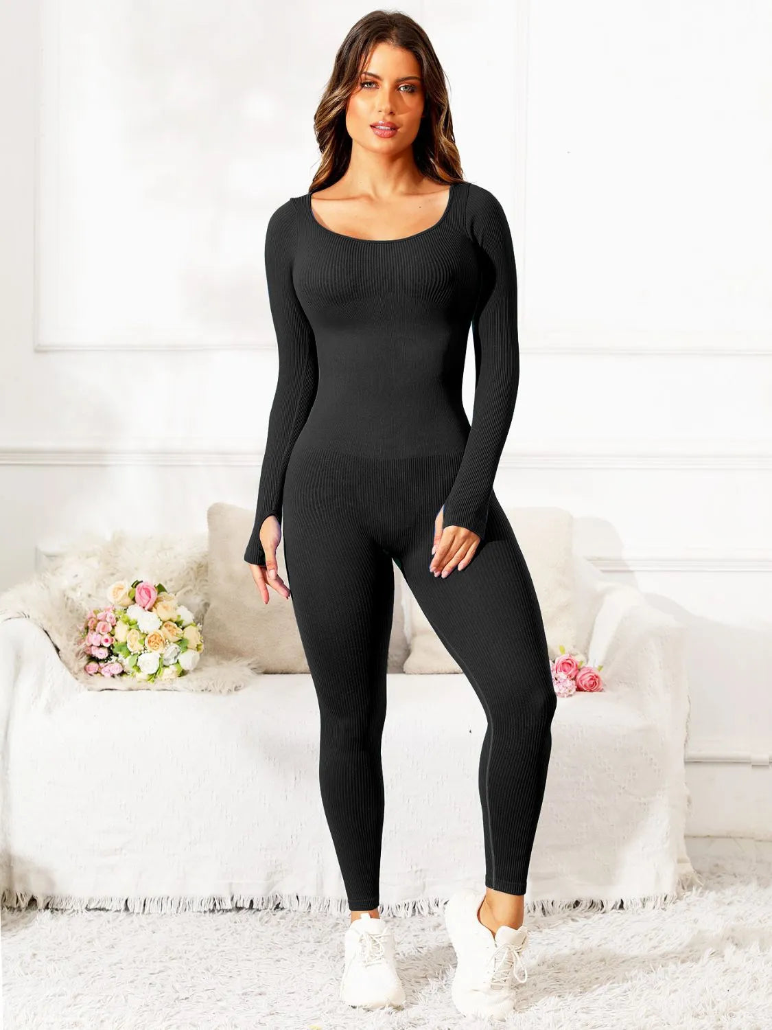 Scoop Neck Long Sleeve Active Jumpsuit - Wellen Fashion