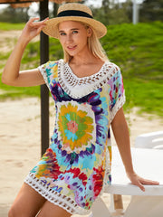 Openwork Printed Round Neck Cover Up - Wellen Fashion