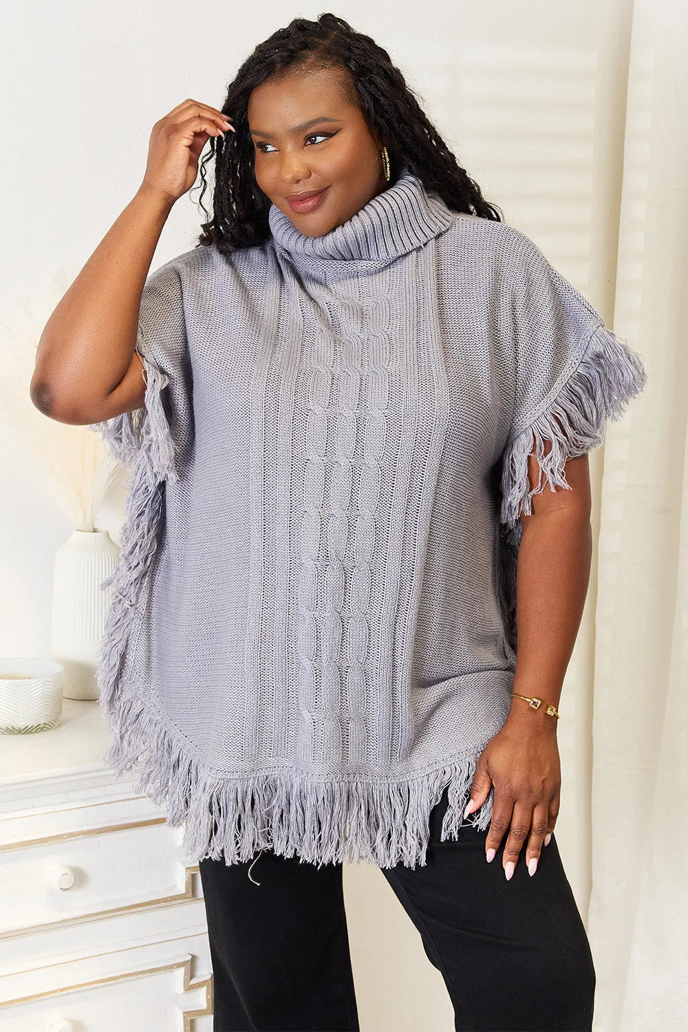 Justin Taylor Turtle Neck Fringe Poncho - Wellen Fashion