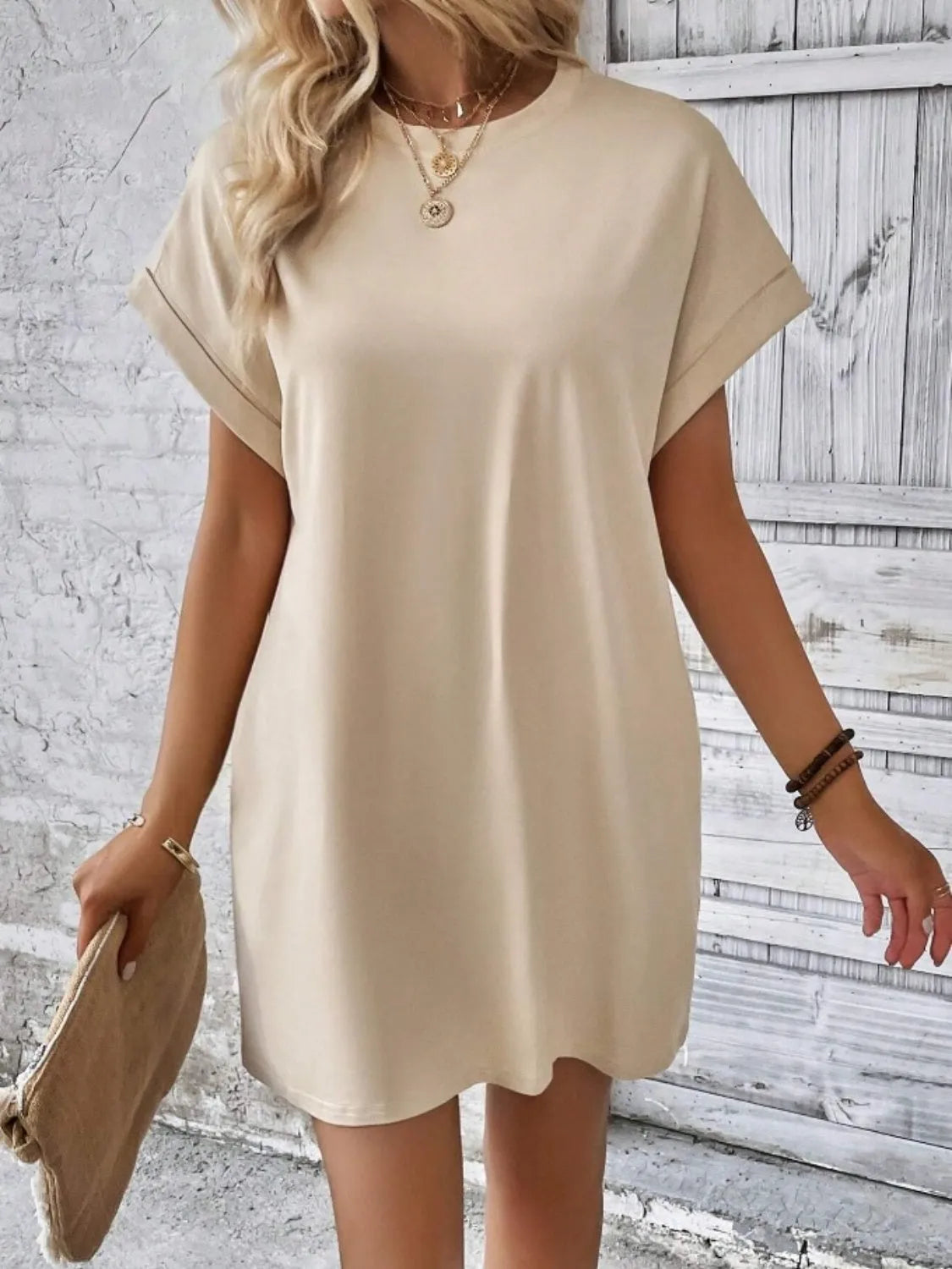 Pocketed Round Neck Short Sleeve Dress - Wellen Fashion