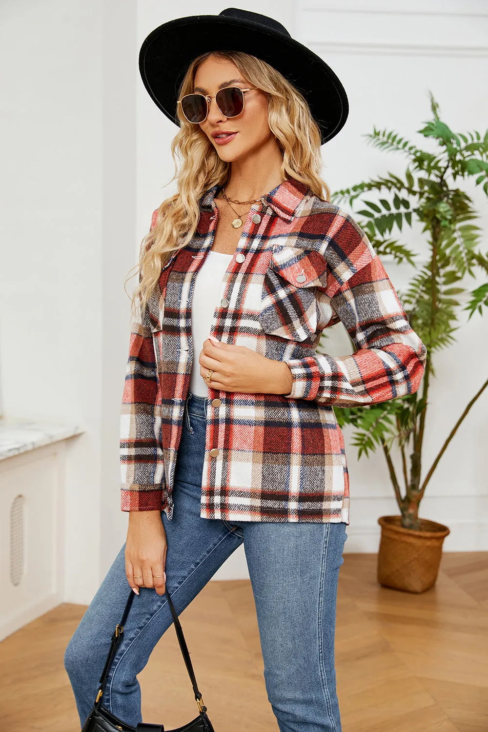 Collared Plaid Shacket - Wellen Fashion