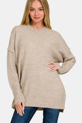 Zenana High-Low Hem Drop Shoulder Sweater - Wellen Fashion