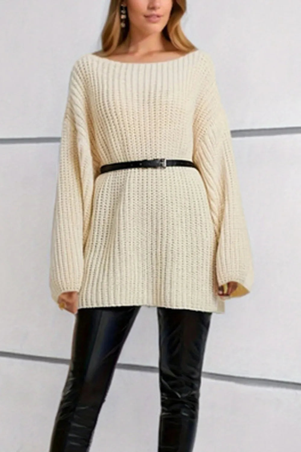 Boat Neck Dropped Shoulder Mini Sweater Dress - Wellen Fashion