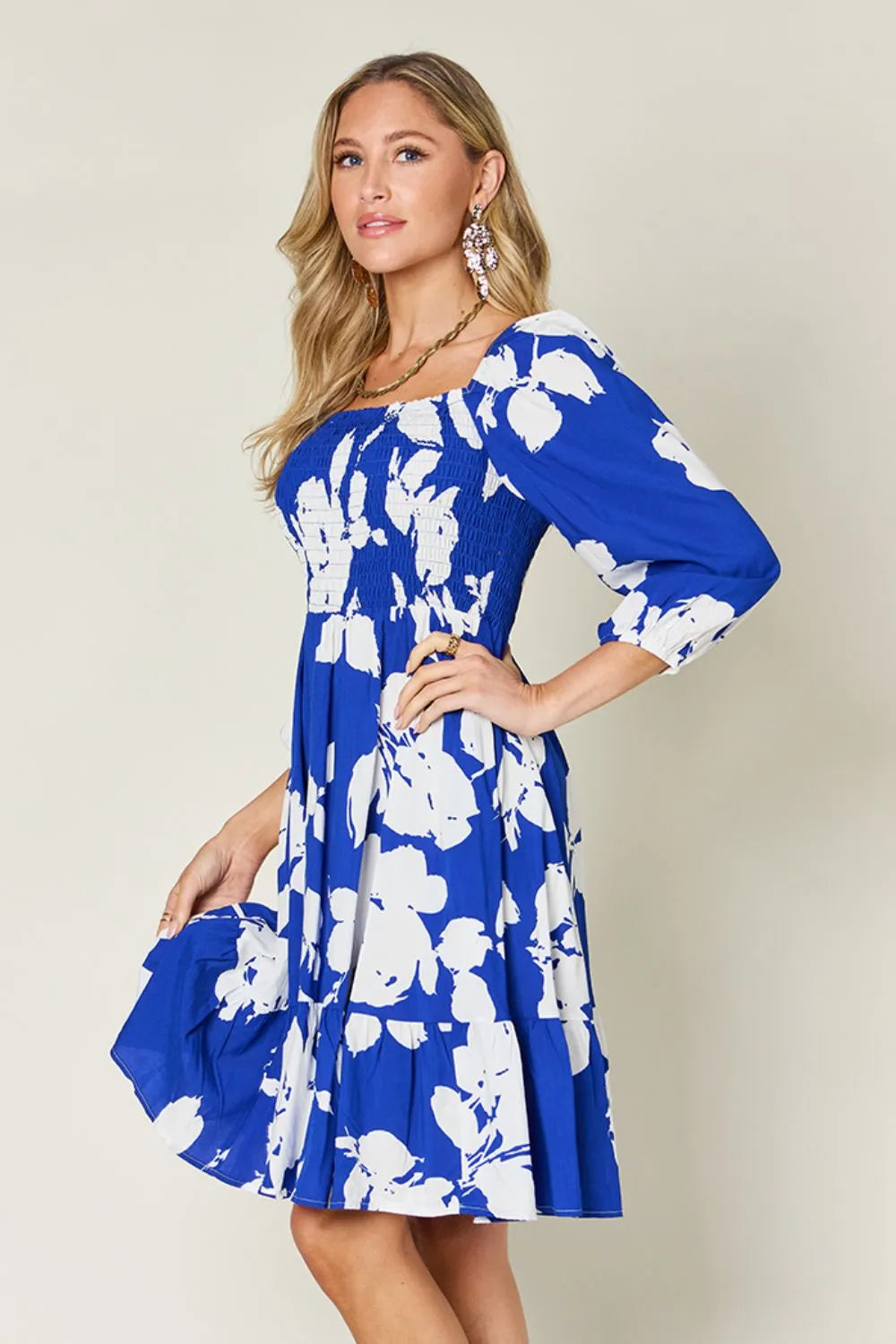 Double Take Full Size Floral Ruffle Hem Smocked Dress with Pockets - Wellen Fashion