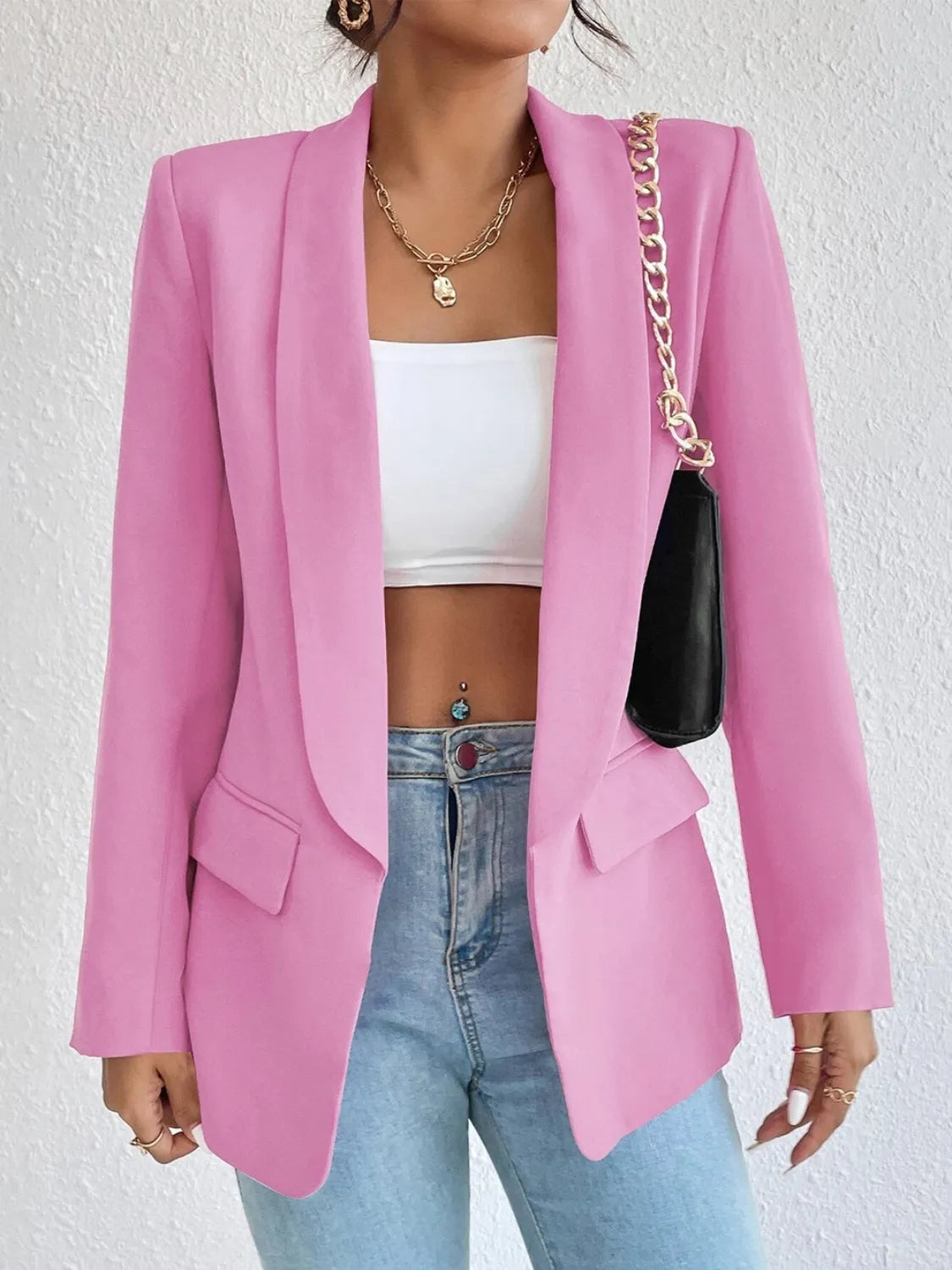 Shawl Collar Long Sleeve Blazer - Wellen Fashion