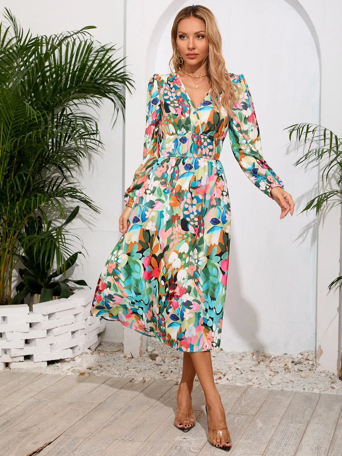 Printed Surplice Long Sleeve Midi Dress - Wellen Fashion