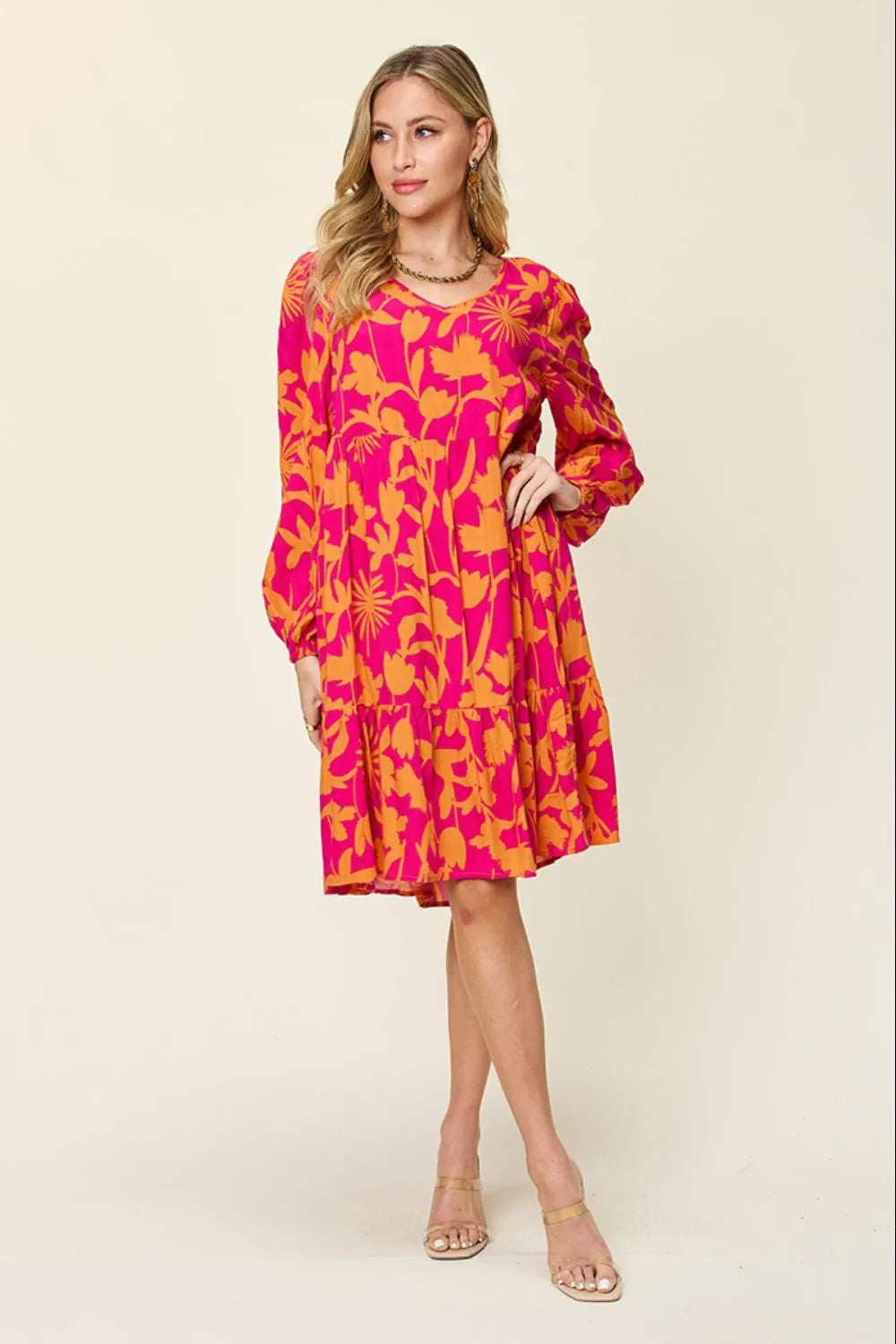 Double Take Full Size Printed Ruffle Hem Dress with Pocket - Wellen Fashion