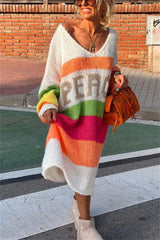 Color Block V-Neck Long Sleeve Sweater Dress - Wellen Fashion