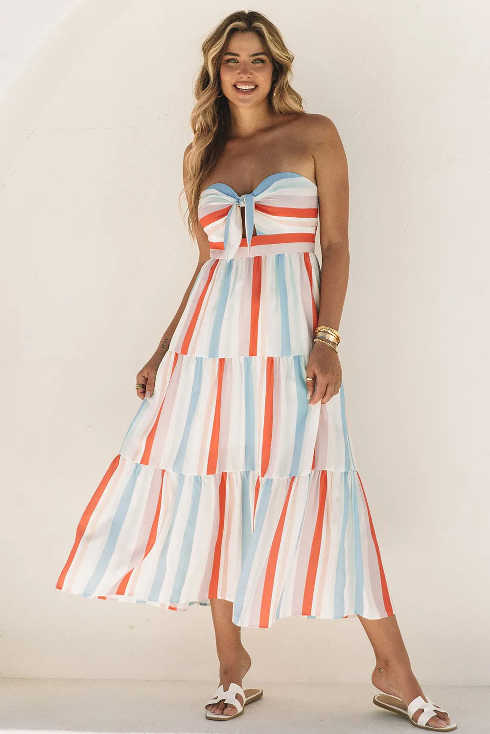 Striped Strapless Sweetheart Neck Dress - Wellen Fashion