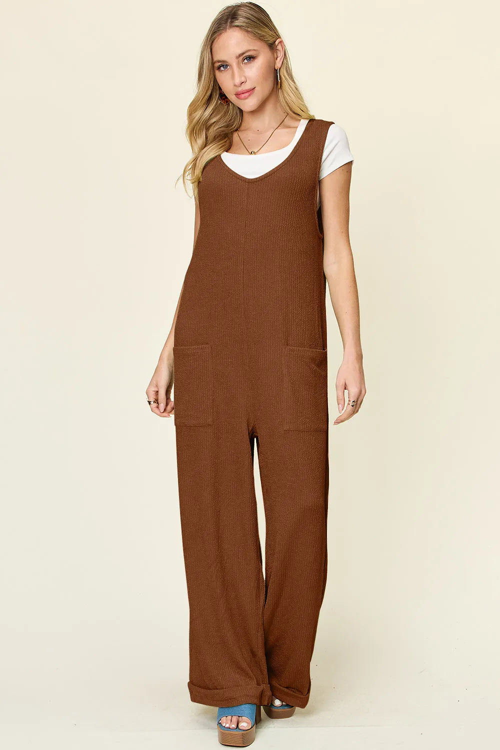 Double Take Full Size Texture Sleeveless Wide Leg Jumpsuit - Wellen Fashion