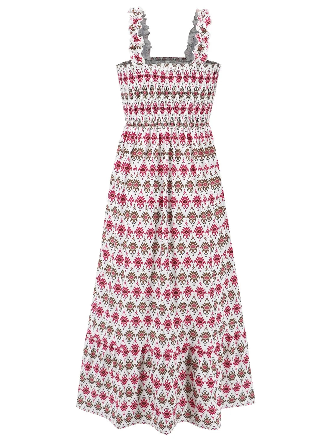 Smocked Printed Square Neck Sleeveless Dress - Wellen Fashion