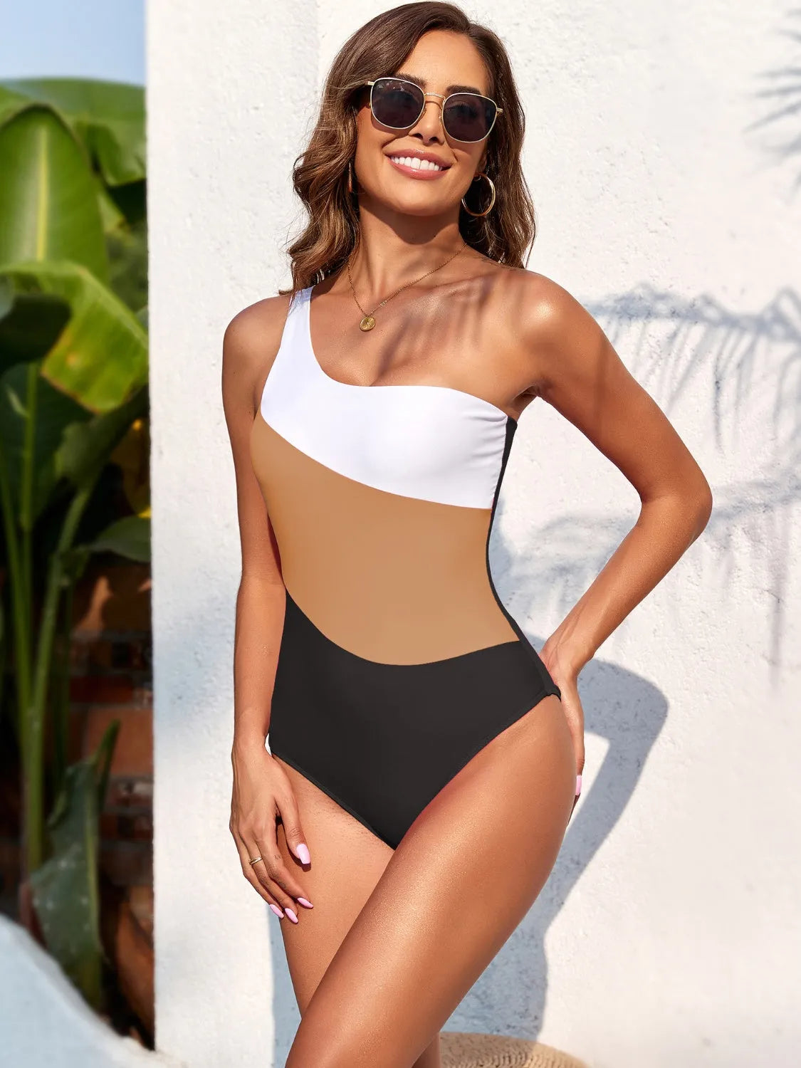 Color Block One Shoulder One-Piece Swimwear - Wellen Fashion