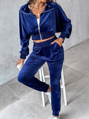 Zip Up Long Sleeve Cropped Top and Joggers Set - Wellen Fashion