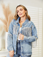 Fringe Detail Long Sleeve Denim Jacket - Wellen Fashion