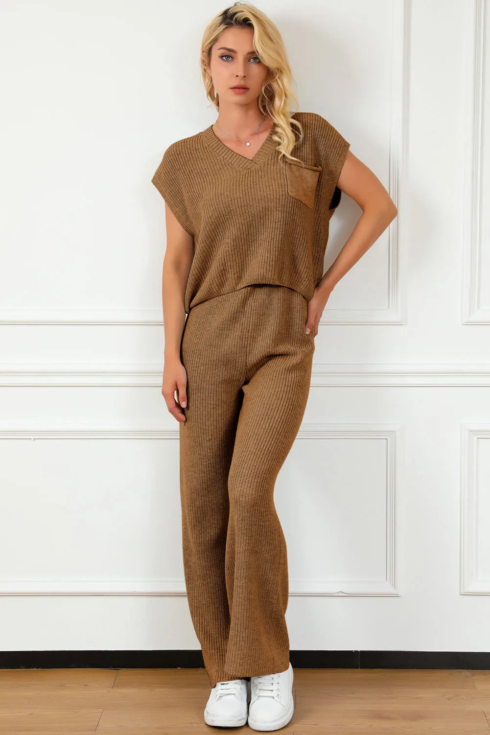 Pocketed V-Neck Top and Wide Leg Sweater Set - Wellen Fashion