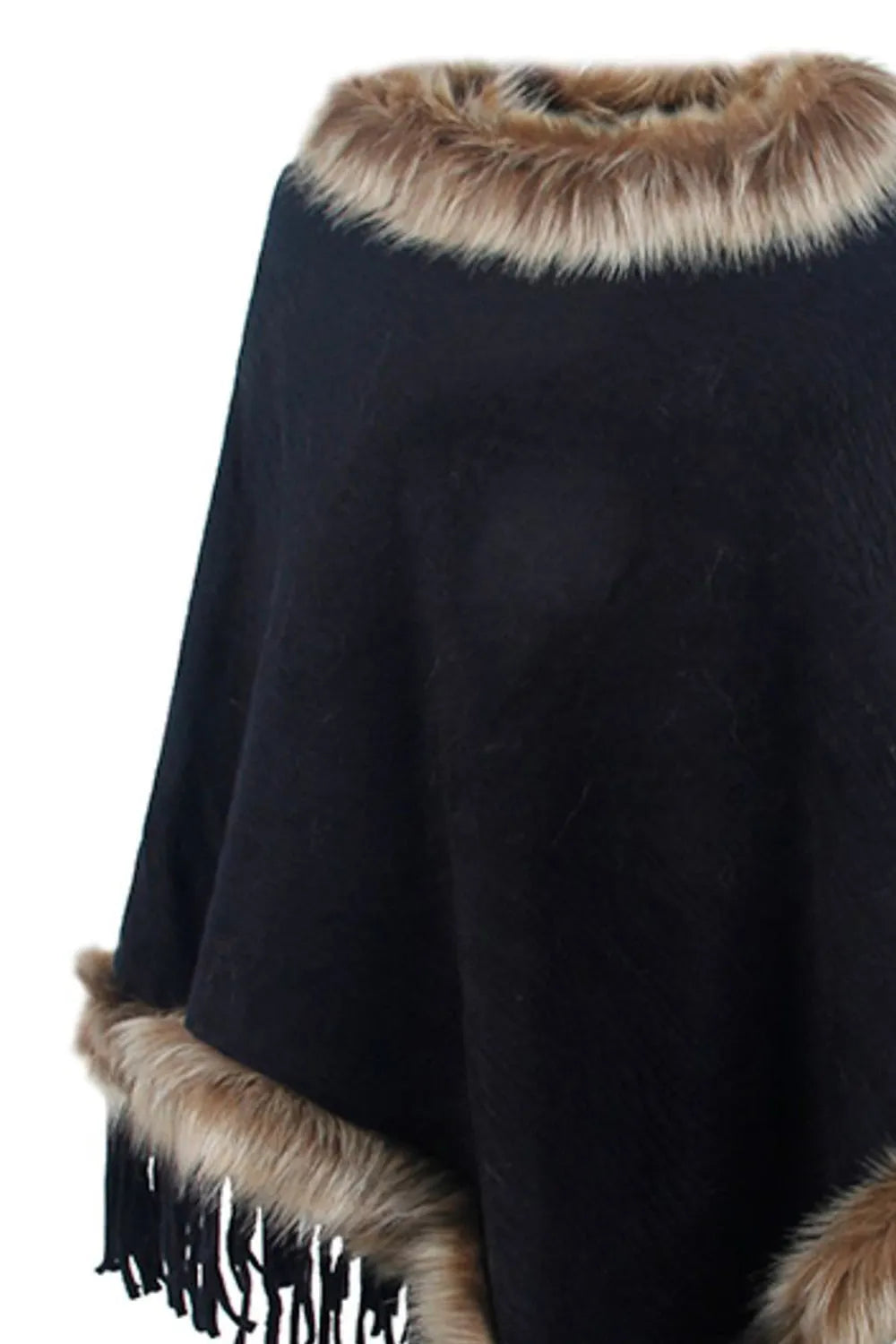 Faux Fur Trim Fringed Poncho - Wellen Fashion