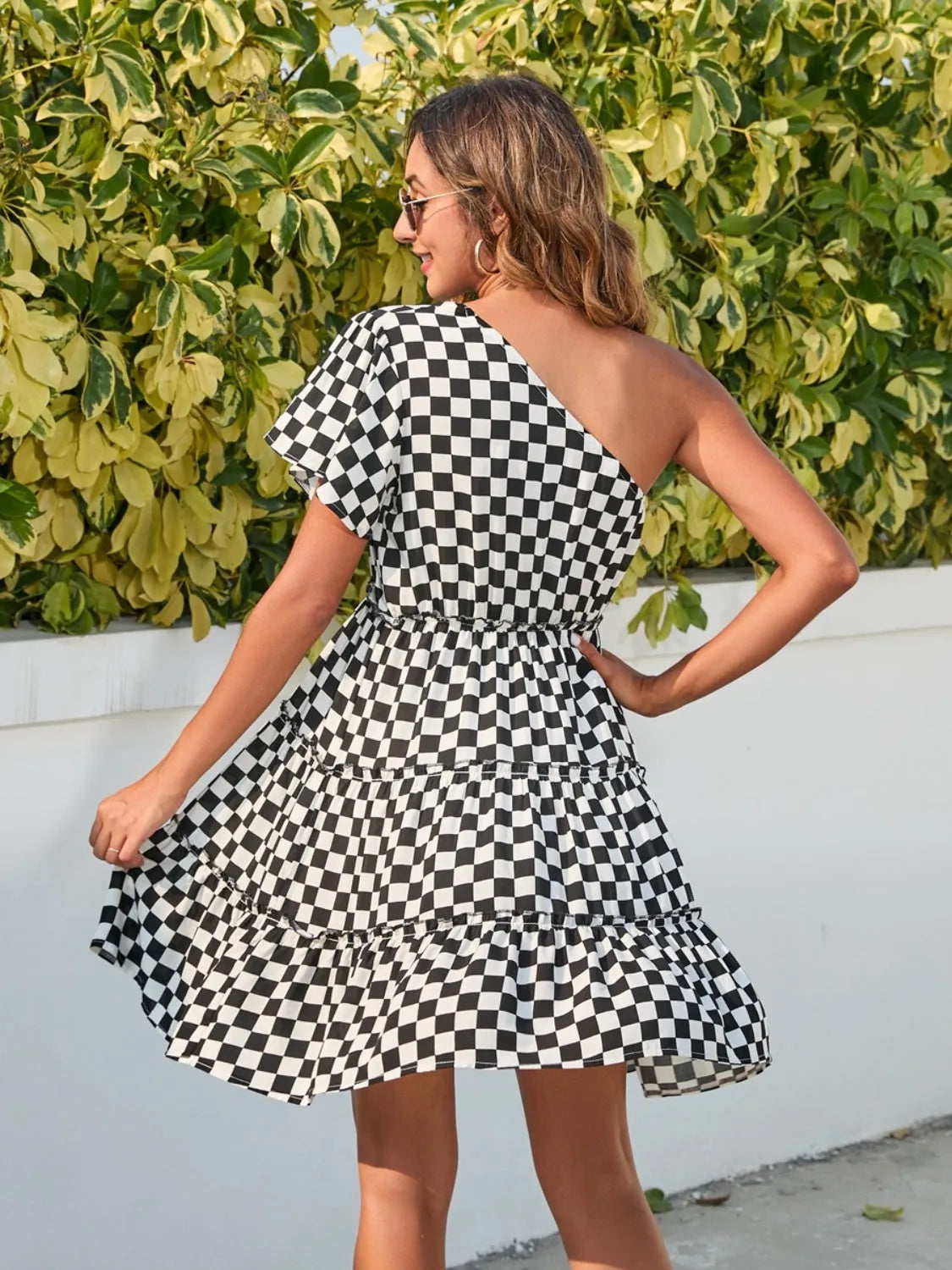 Checkered Single Shoulder Mini Dress - Wellen Fashion