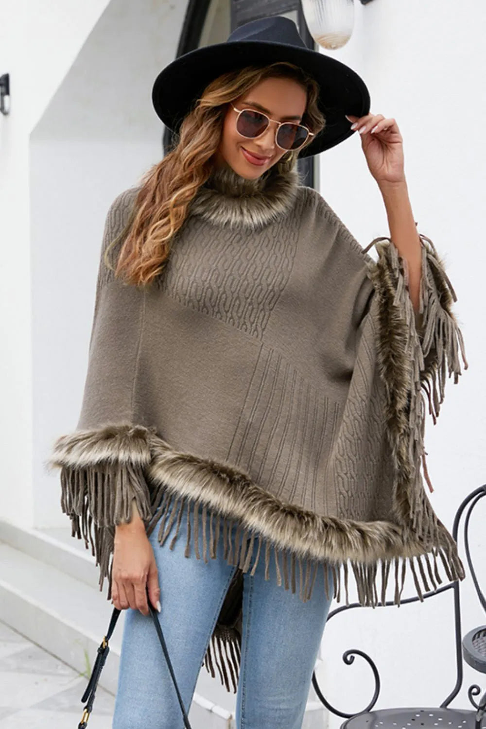 Faux Fur Trim Fringed Poncho - Wellen Fashion