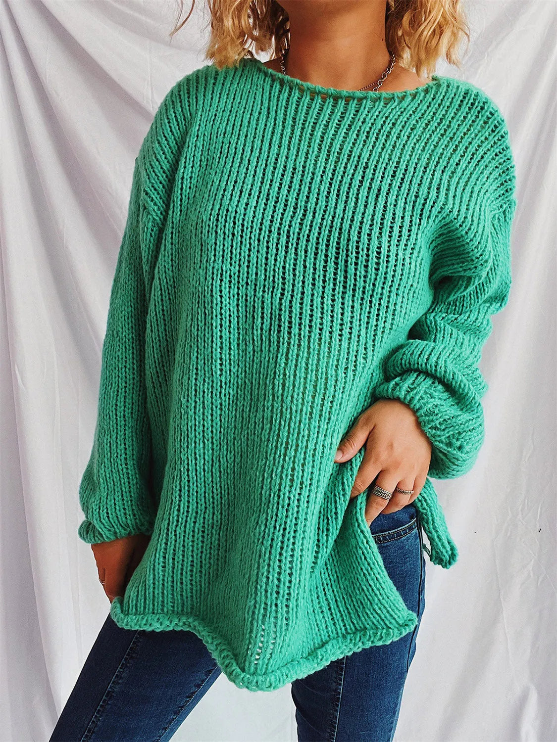 Boat Neck Dropped Shoulder Sweater - Wellen Fashion