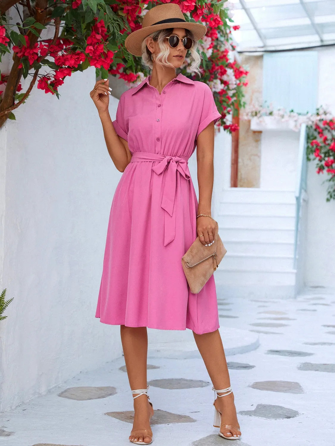 Buttoned Tie Waist Short Sleeve Dress - Wellen Fashion